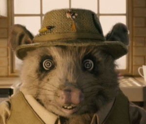 Kylie the opossum, zoned out with "swirly eyes." Fantastic Mr. Fox